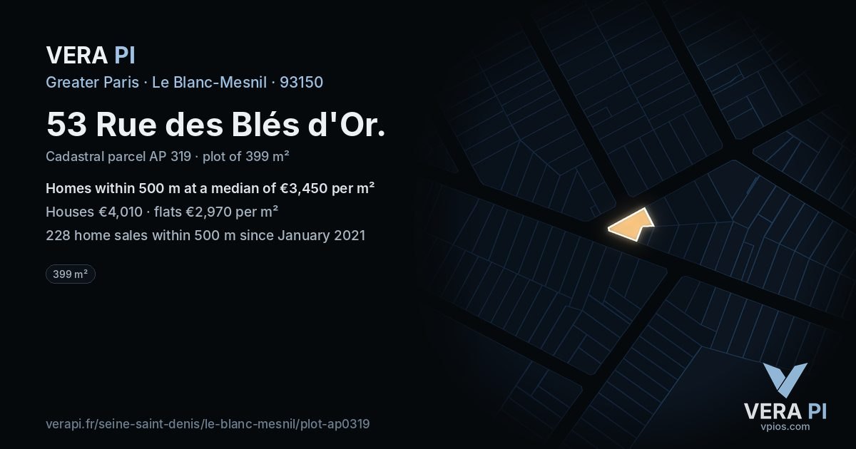 53 Rue des Blés d'Or, Le Blanc-Mesnil at night – the plot lit, the parcels around coloured by the prices near them