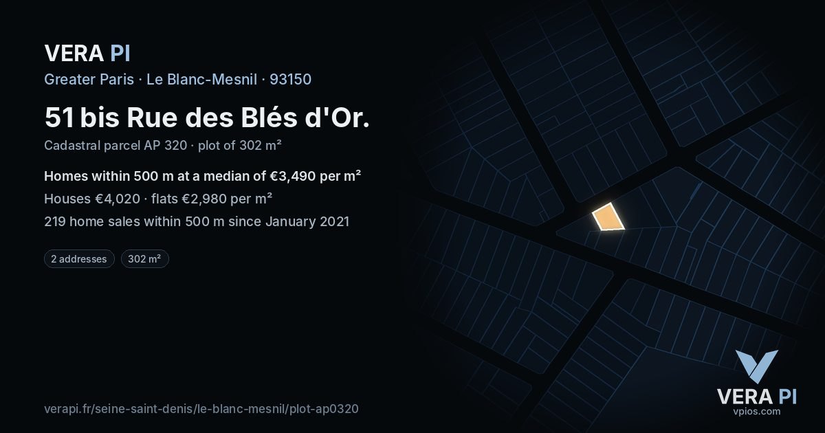 51 bis Rue des Blés d'Or, Le Blanc-Mesnil at night – the plot lit, the parcels around coloured by the prices near them