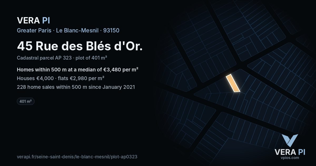 45 Rue des Blés d'Or, Le Blanc-Mesnil at night – the plot lit, the parcels around coloured by the prices near them