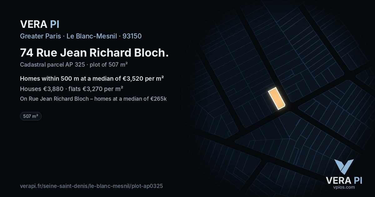 74 Rue Jean Richard Bloch, Le Blanc-Mesnil at night – the plot lit, the parcels around coloured by the prices near them