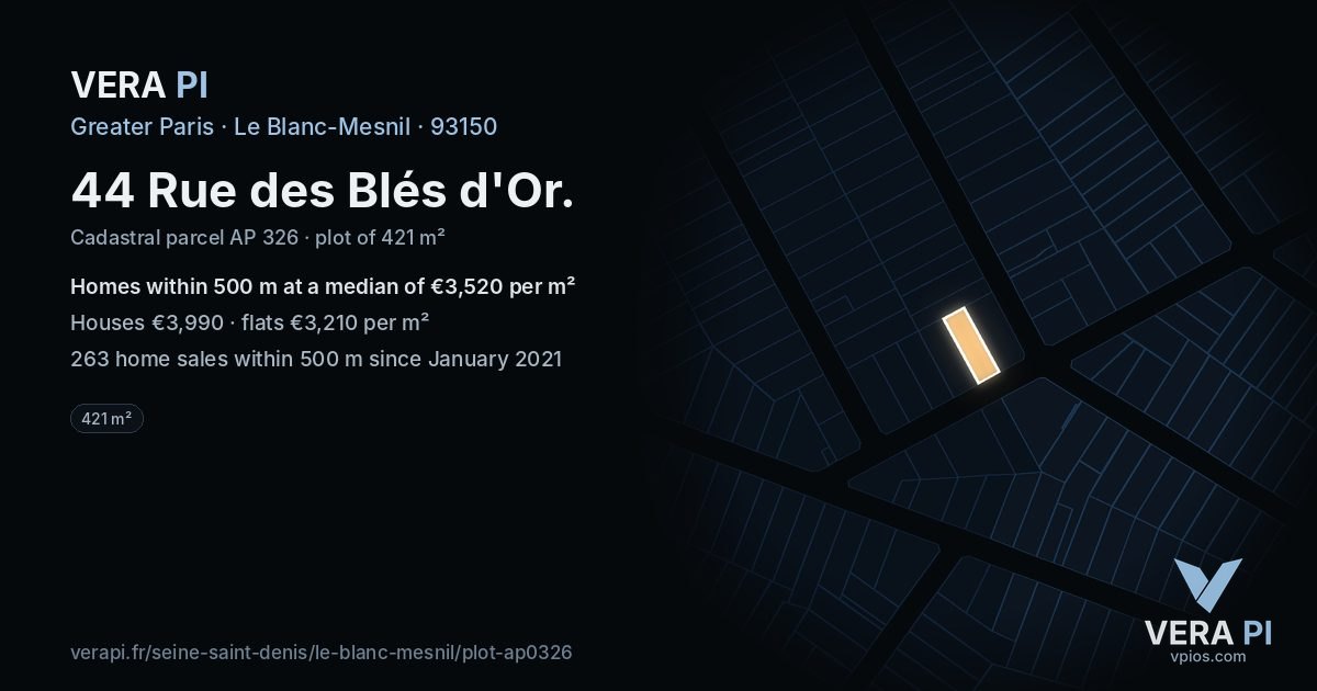 44 Rue des Blés d'Or, Le Blanc-Mesnil at night – the plot lit, the parcels around coloured by the prices near them