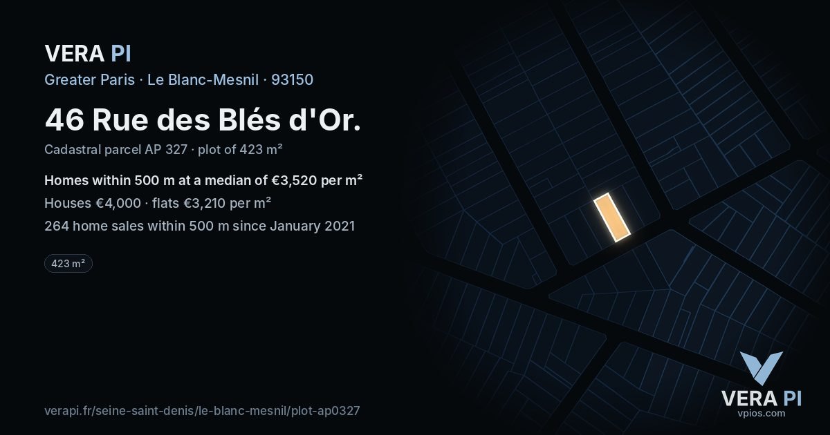 46 Rue des Blés d'Or, Le Blanc-Mesnil at night – the plot lit, the parcels around coloured by the prices near them
