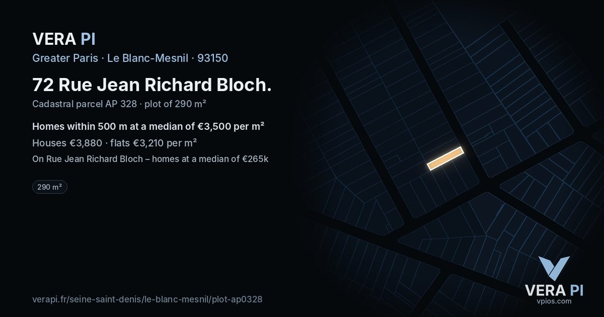 72 Rue Jean Richard Bloch, Le Blanc-Mesnil at night – the plot lit, the parcels around coloured by the prices near them