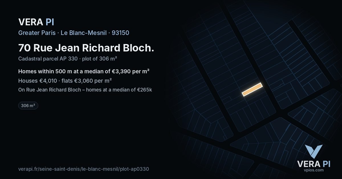 70 Rue Jean Richard Bloch, Le Blanc-Mesnil at night – the plot lit, the parcels around coloured by the prices near them