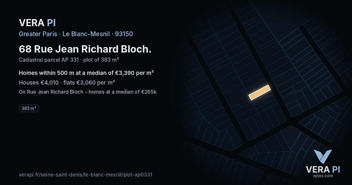 68 Rue Jean Richard Bloch, Le Blanc-Mesnil at night – the plot lit, the parcels around coloured by the prices near them
