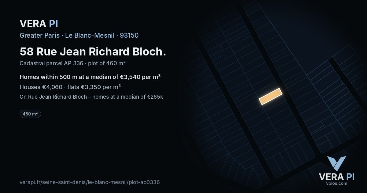 58 Rue Jean Richard Bloch, Le Blanc-Mesnil at night – the plot lit, the parcels around coloured by the prices near them