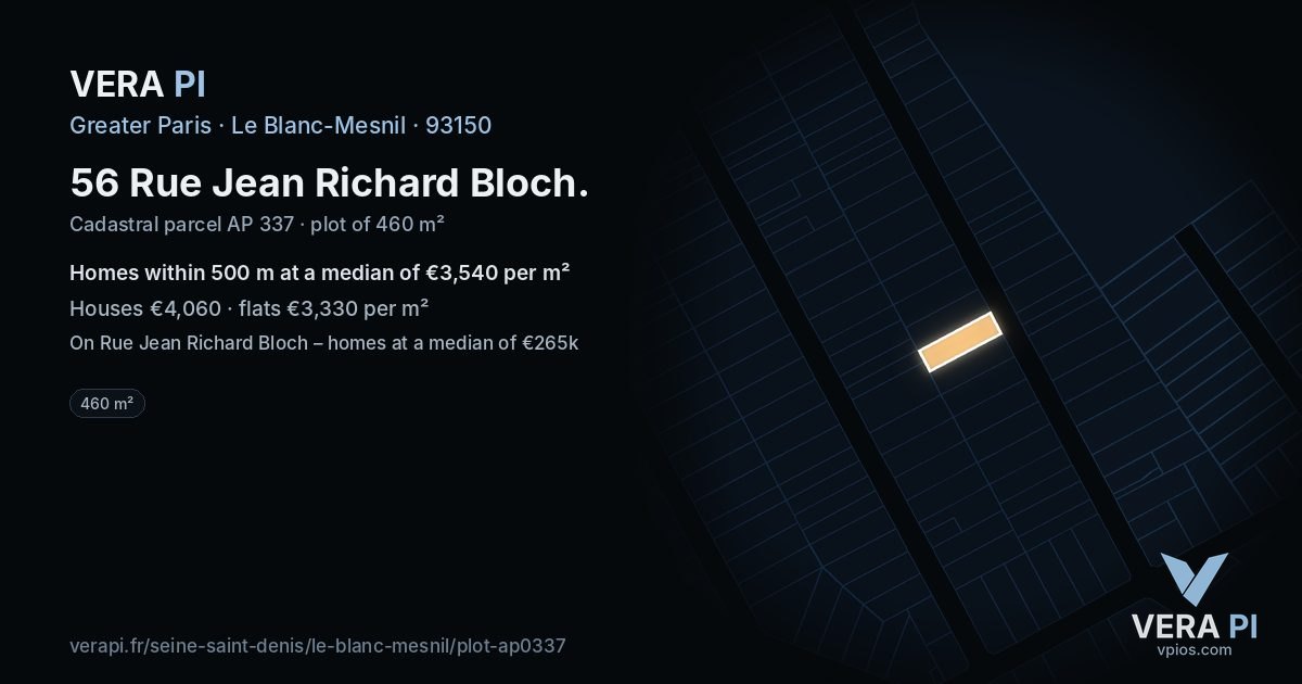 56 Rue Jean Richard Bloch, Le Blanc-Mesnil at night – the plot lit, the parcels around coloured by the prices near them