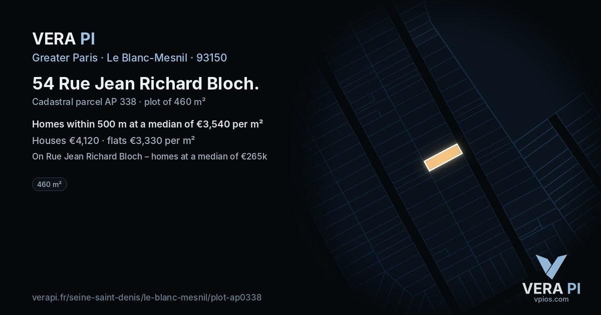 54 Rue Jean Richard Bloch, Le Blanc-Mesnil at night – the plot lit, the parcels around coloured by the prices near them