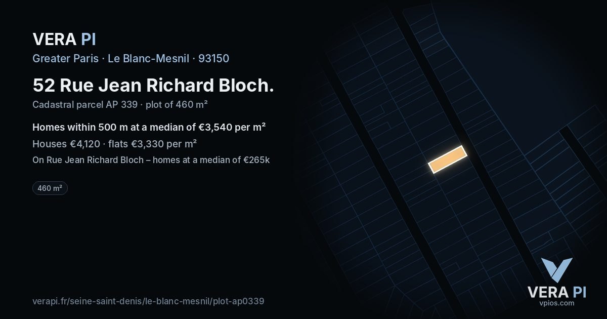 52 Rue Jean Richard Bloch, Le Blanc-Mesnil at night – the plot lit, the parcels around coloured by the prices near them