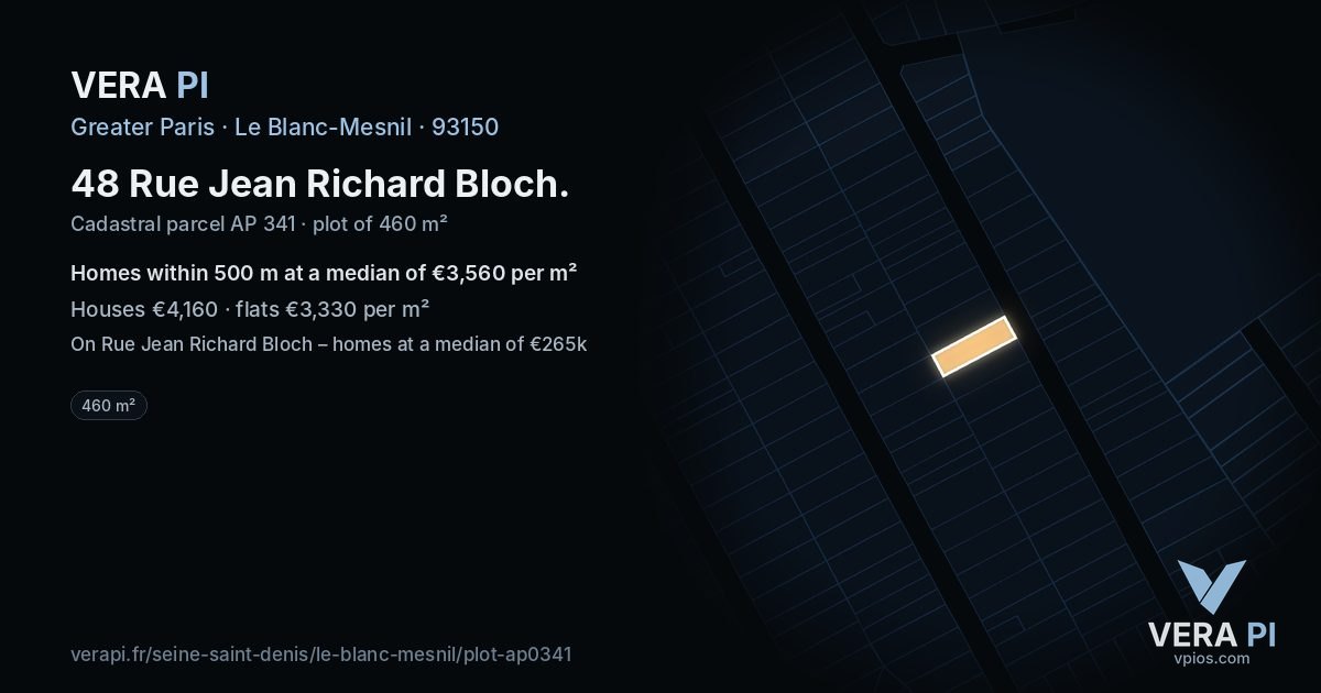 48 Rue Jean Richard Bloch, Le Blanc-Mesnil at night – the plot lit, the parcels around coloured by the prices near them
