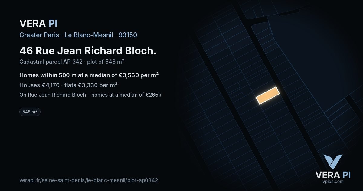 46 Rue Jean Richard Bloch, Le Blanc-Mesnil at night – the plot lit, the parcels around coloured by the prices near them