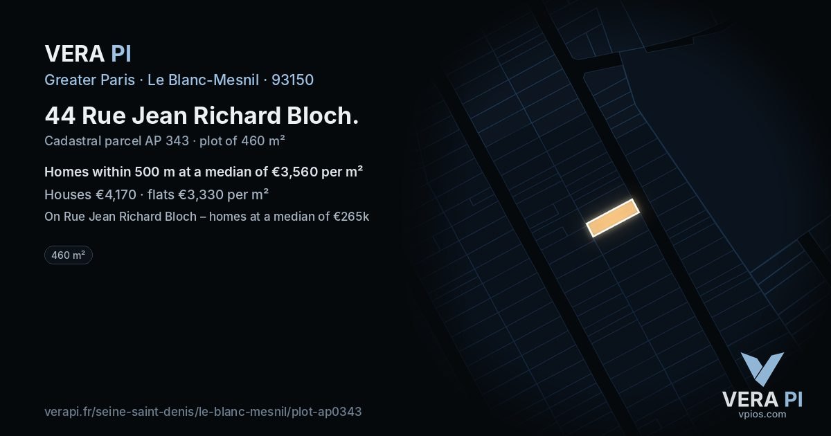 44 Rue Jean Richard Bloch, Le Blanc-Mesnil at night – the plot lit, the parcels around coloured by the prices near them