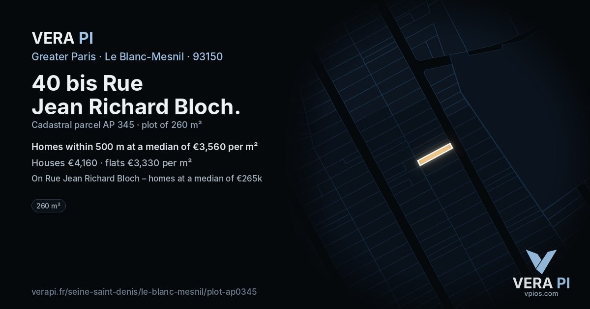 40 bis Rue Jean Richard Bloch, Le Blanc-Mesnil at night – the plot lit, the parcels around coloured by the prices near them