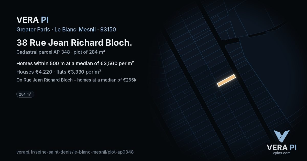 38 Rue Jean Richard Bloch, Le Blanc-Mesnil at night – the plot lit, the parcels around coloured by the prices near them