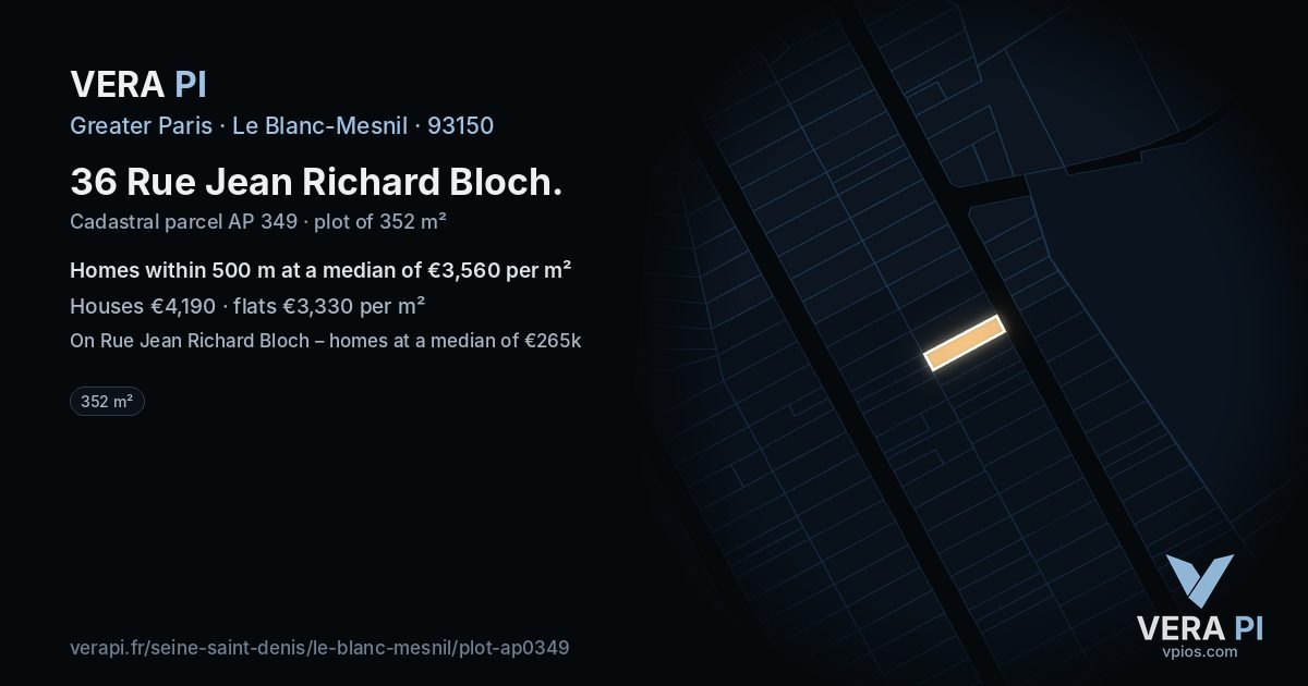 36 Rue Jean Richard Bloch, Le Blanc-Mesnil at night – the plot lit, the parcels around coloured by the prices near them