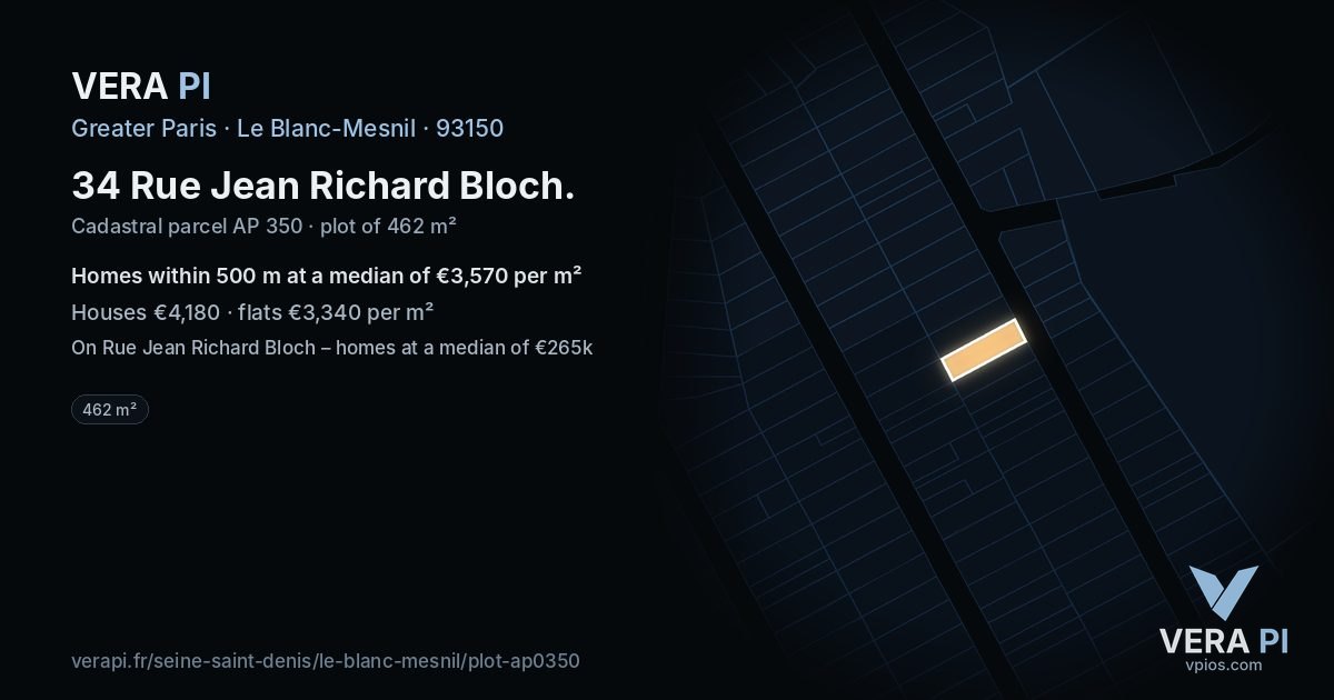 34 Rue Jean Richard Bloch, Le Blanc-Mesnil at night – the plot lit, the parcels around coloured by the prices near them