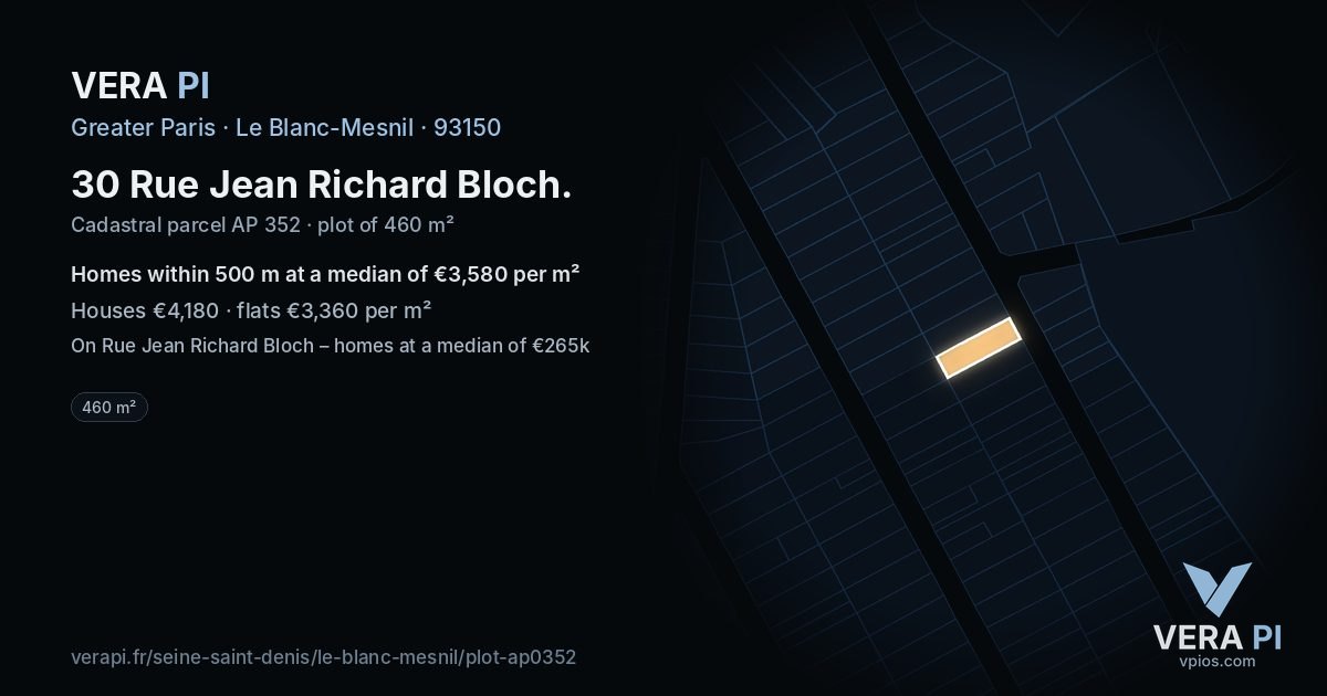 30 Rue Jean Richard Bloch, Le Blanc-Mesnil at night – the plot lit, the parcels around coloured by the prices near them