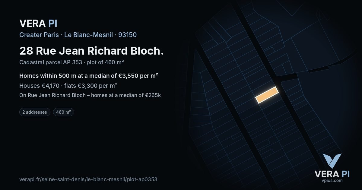 28 Rue Jean Richard Bloch, Le Blanc-Mesnil at night – the plot lit, the parcels around coloured by the prices near them