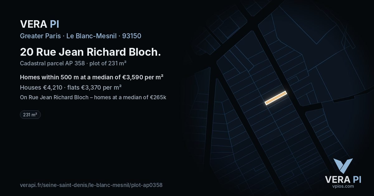 20 Rue Jean Richard Bloch, Le Blanc-Mesnil at night – the plot lit, the parcels around coloured by the prices near them