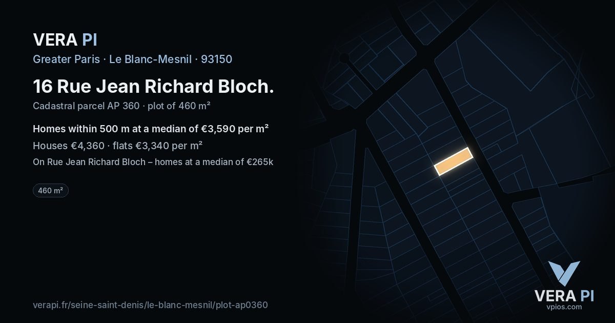 16 Rue Jean Richard Bloch, Le Blanc-Mesnil at night – the plot lit, the parcels around coloured by the prices near them