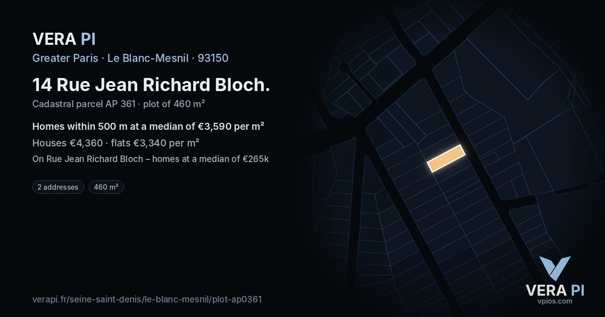 14 Rue Jean Richard Bloch, Le Blanc-Mesnil at night – the plot lit, the parcels around coloured by the prices near them
