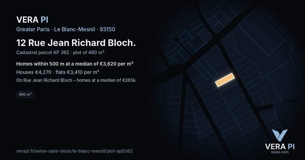 12 Rue Jean Richard Bloch, Le Blanc-Mesnil at night – the plot lit, the parcels around coloured by the prices near them