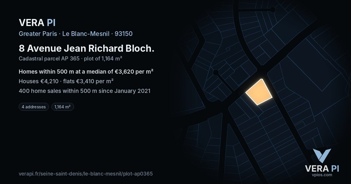 8 Avenue Jean Richard Bloch, Le Blanc-Mesnil at night – the plot lit, the parcels around coloured by the prices near them