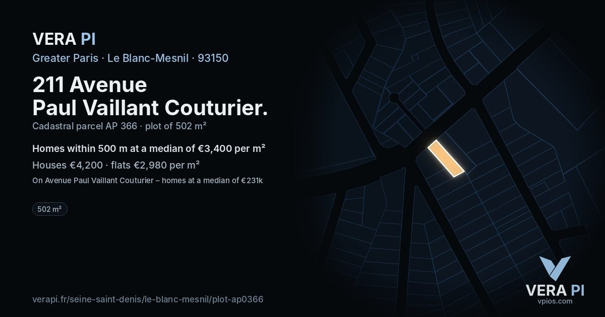 211 Avenue Paul Vaillant Couturier, Le Blanc-Mesnil at night – the plot lit, the parcels around coloured by the prices near them