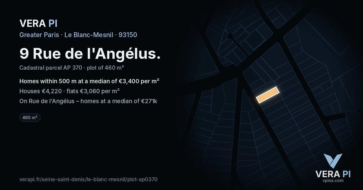 9 Rue de l'Angélus, Le Blanc-Mesnil at night – the plot lit, the parcels around coloured by the prices near them