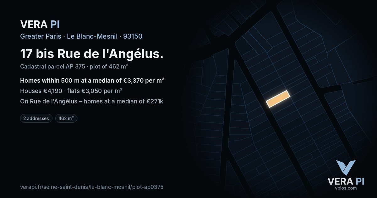 17 bis Rue de l'Angélus, Le Blanc-Mesnil at night – the plot lit, the parcels around coloured by the prices near them