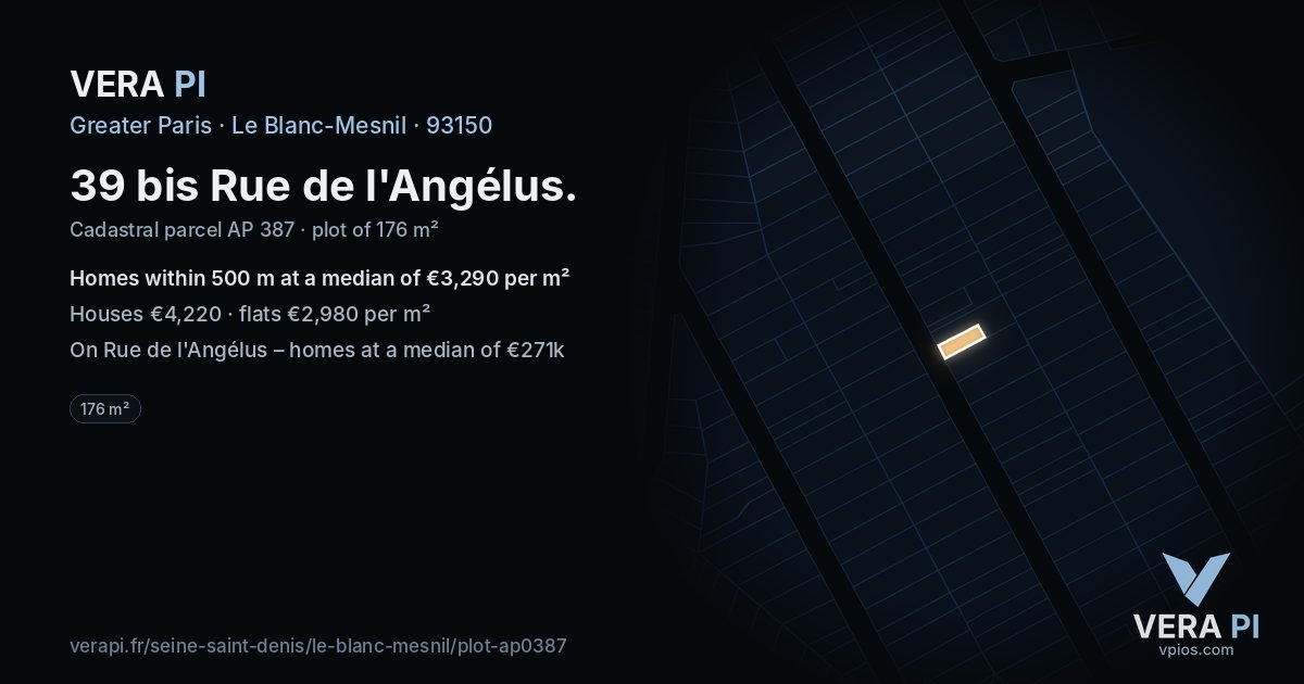 39 bis Rue de l'Angélus, Le Blanc-Mesnil at night – the plot lit, the parcels around coloured by the prices near them
