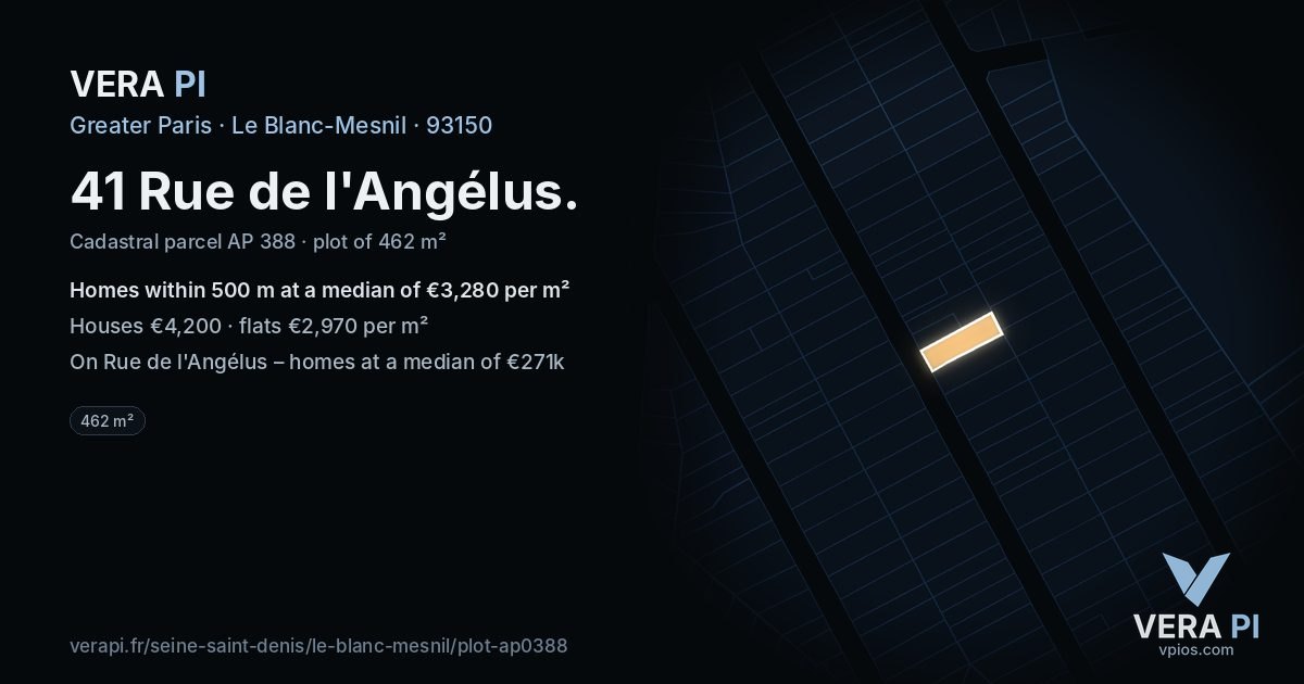 41 Rue de l'Angélus, Le Blanc-Mesnil at night – the plot lit, the parcels around coloured by the prices near them