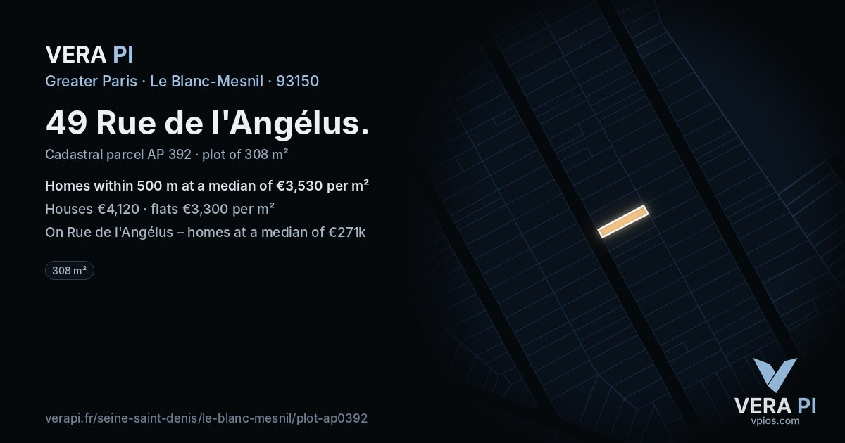 49 Rue de l'Angélus, Le Blanc-Mesnil at night – the plot lit, the parcels around coloured by the prices near them