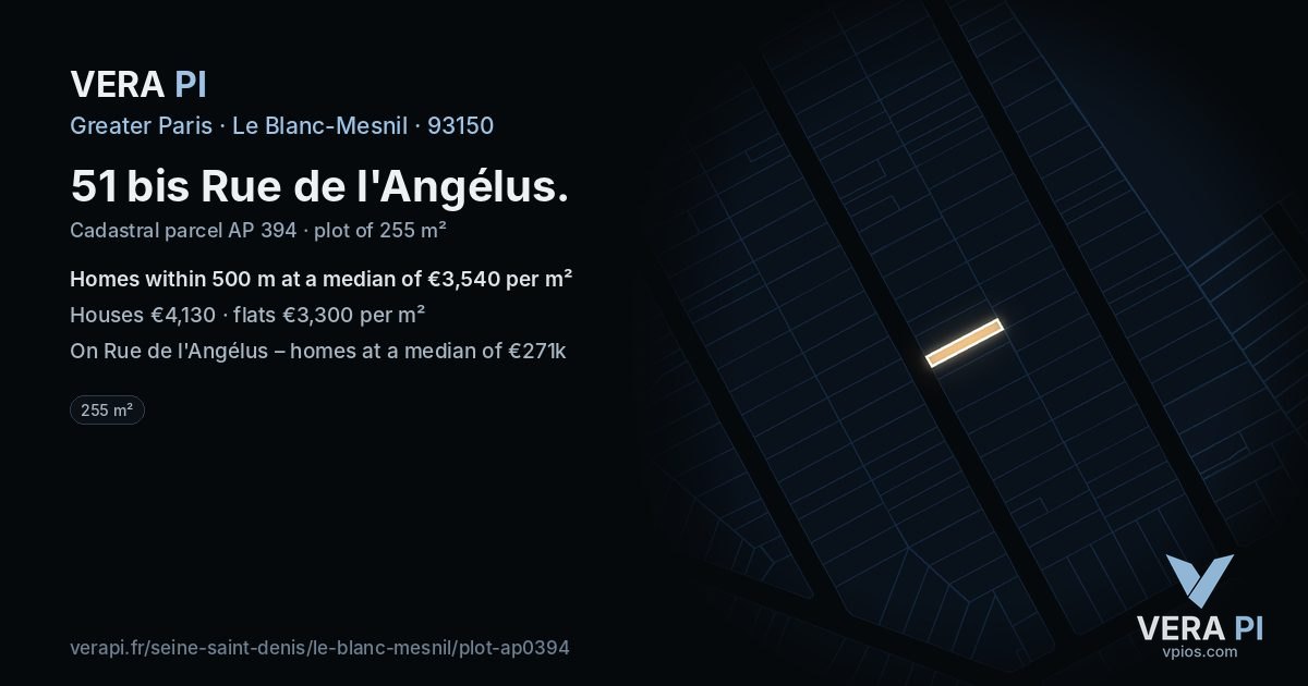 51 bis Rue de l'Angélus, Le Blanc-Mesnil at night – the plot lit, the parcels around coloured by the prices near them