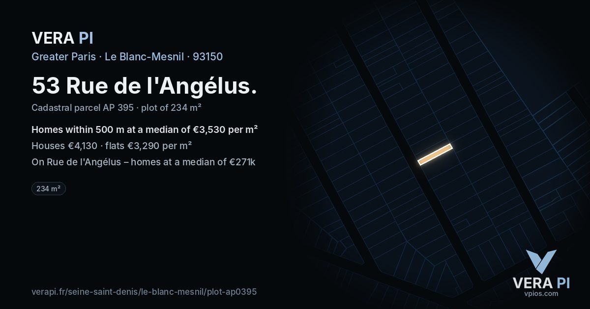53 Rue de l'Angélus, Le Blanc-Mesnil at night – the plot lit, the parcels around coloured by the prices near them