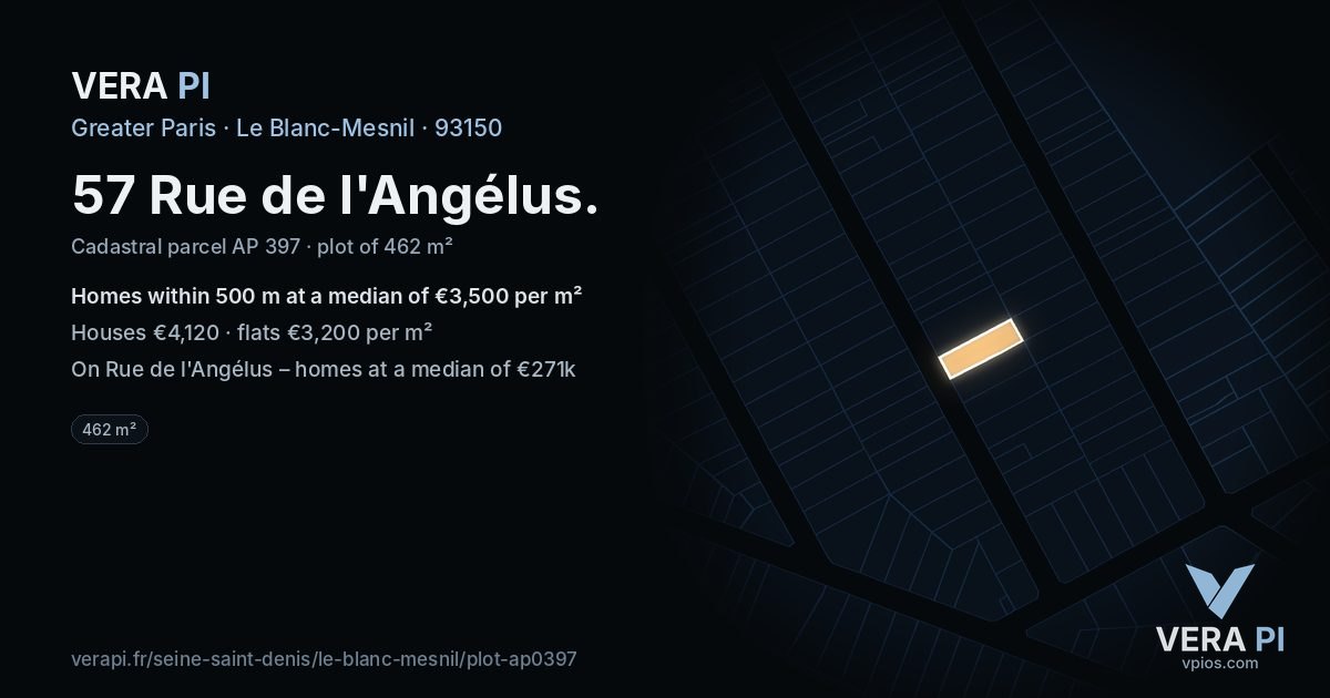57 Rue de l'Angélus, Le Blanc-Mesnil at night – the plot lit, the parcels around coloured by the prices near them