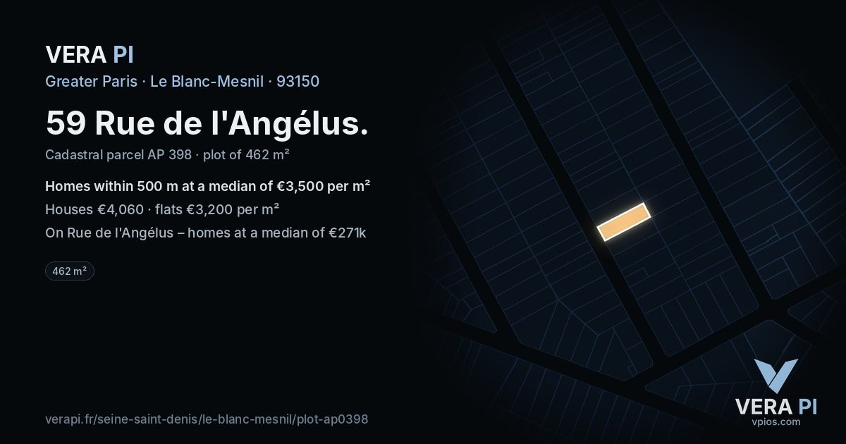 59 Rue de l'Angélus, Le Blanc-Mesnil at night – the plot lit, the parcels around coloured by the prices near them