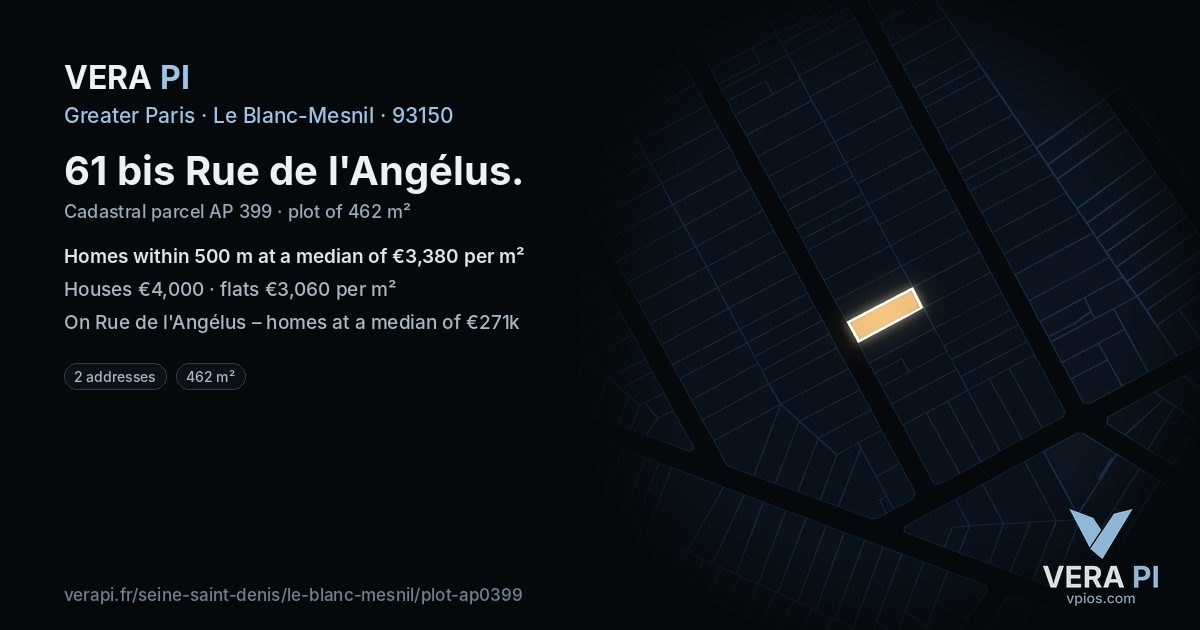 61 bis Rue de l'Angélus, Le Blanc-Mesnil at night – the plot lit, the parcels around coloured by the prices near them