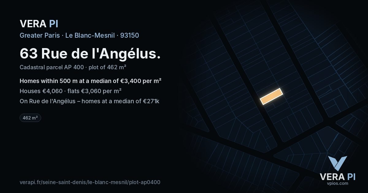 63 Rue de l'Angélus, Le Blanc-Mesnil at night – the plot lit, the parcels around coloured by the prices near them