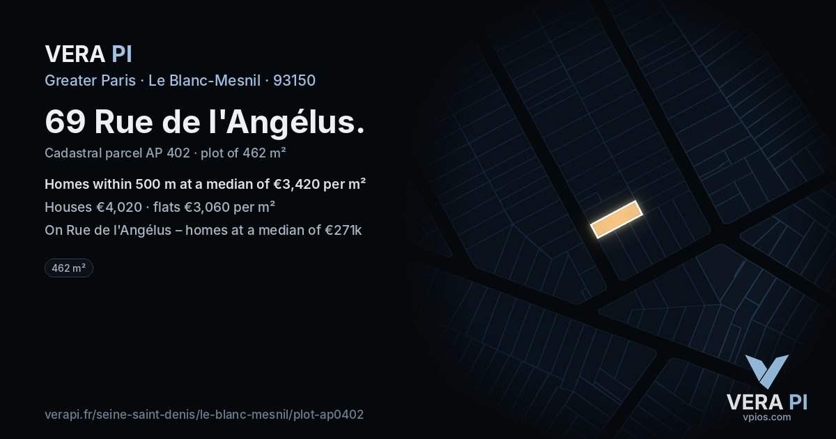 69 Rue de l'Angélus, Le Blanc-Mesnil at night – the plot lit, the parcels around coloured by the prices near them