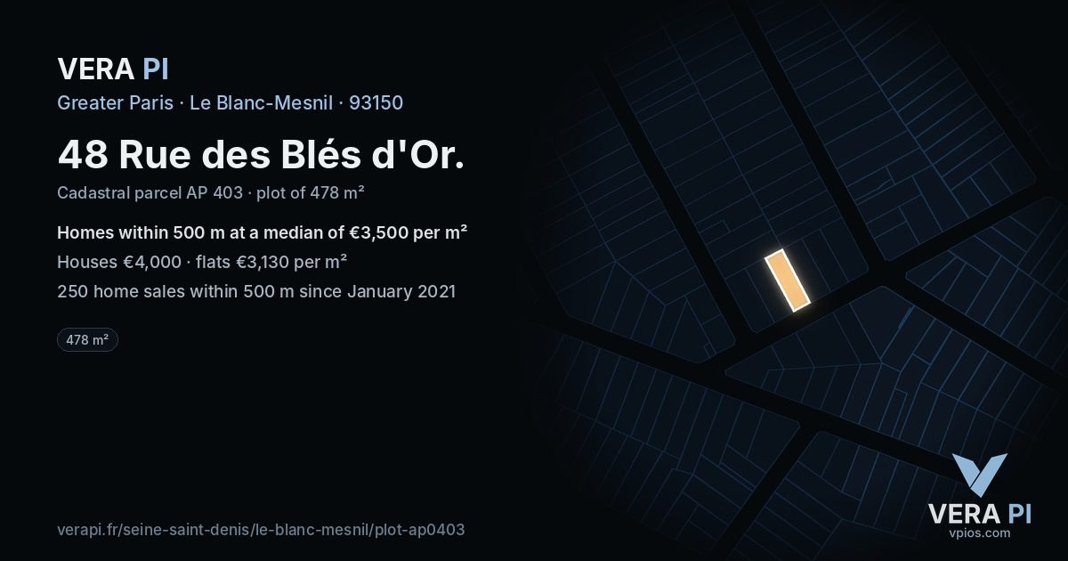 48 Rue des Blés d'Or, Le Blanc-Mesnil at night – the plot lit, the parcels around coloured by the prices near them