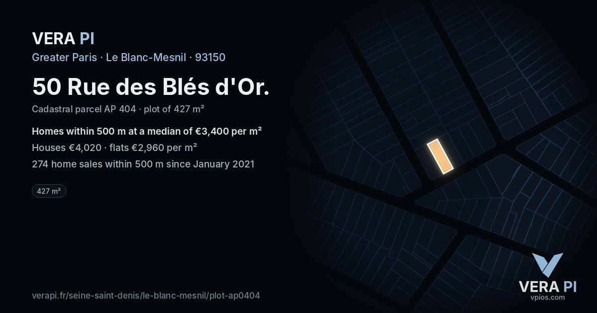 50 Rue des Blés d'Or, Le Blanc-Mesnil at night – the plot lit, the parcels around coloured by the prices near them
