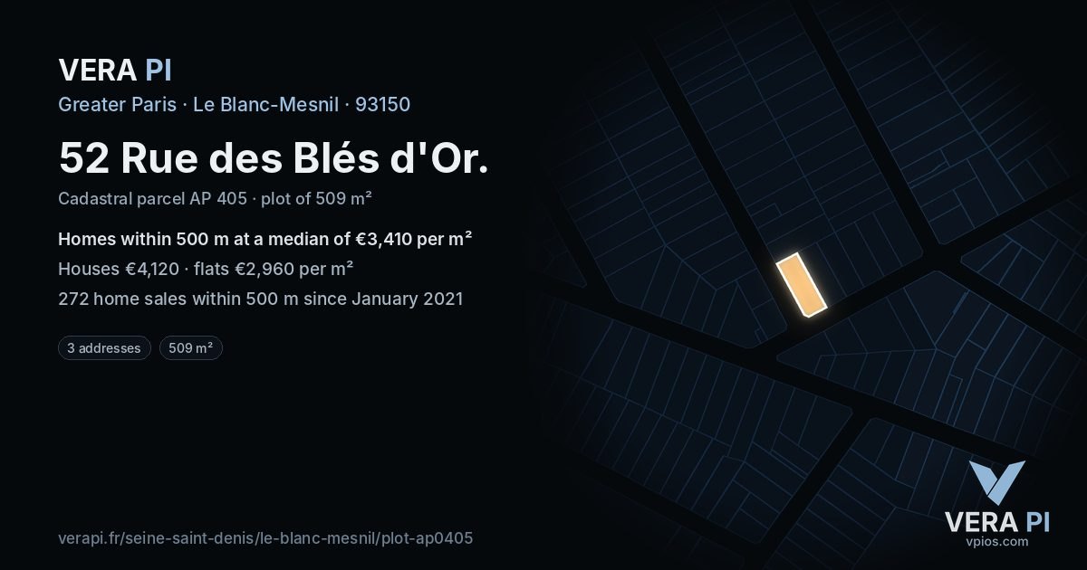 52 Rue des Blés d'Or, Le Blanc-Mesnil at night – the plot lit, the parcels around coloured by the prices near them