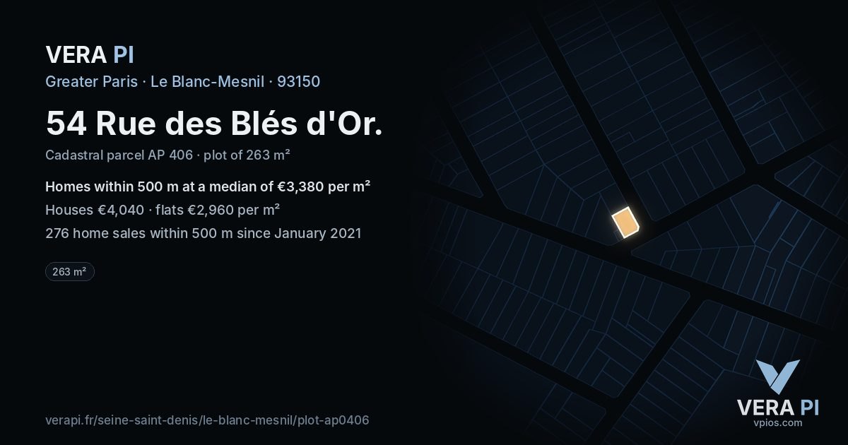 54 Rue des Blés d'Or, Le Blanc-Mesnil at night – the plot lit, the parcels around coloured by the prices near them