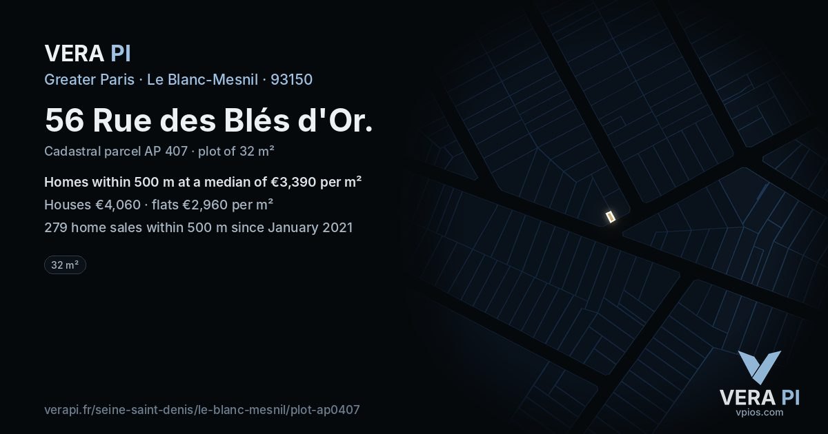 56 Rue des Blés d'Or, Le Blanc-Mesnil at night – the plot lit, the parcels around coloured by the prices near them