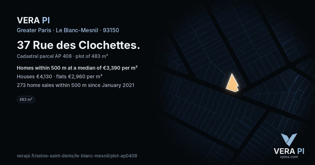 37 Rue des Clochettes, Le Blanc-Mesnil at night – the plot lit, the parcels around coloured by the prices near them