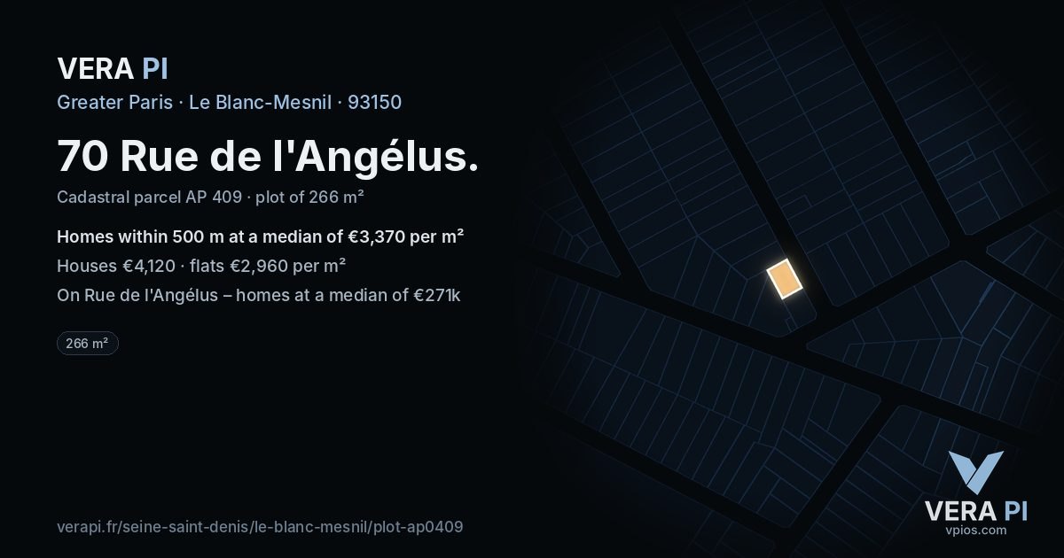 70 Rue de l'Angélus, Le Blanc-Mesnil at night – the plot lit, the parcels around coloured by the prices near them
