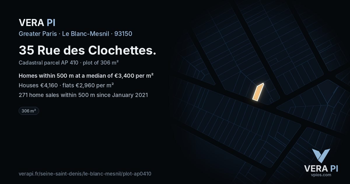 35 Rue des Clochettes, Le Blanc-Mesnil at night – the plot lit, the parcels around coloured by the prices near them