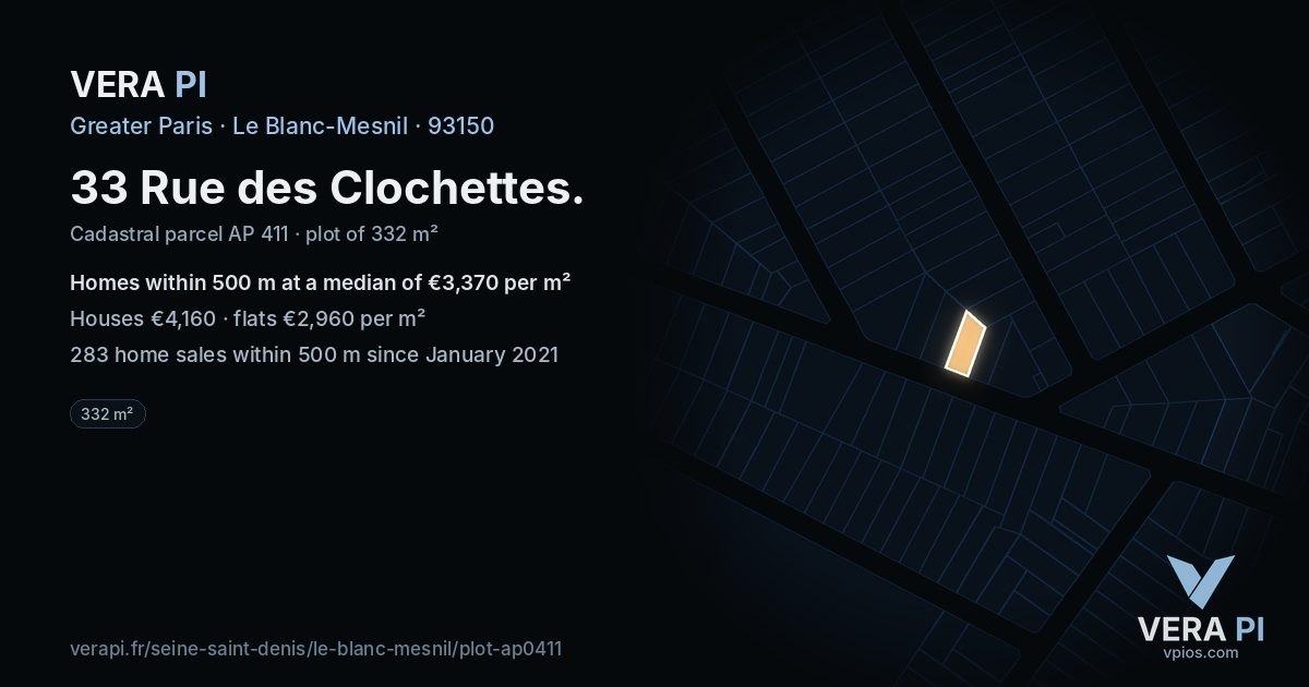33 Rue des Clochettes, Le Blanc-Mesnil at night – the plot lit, the parcels around coloured by the prices near them