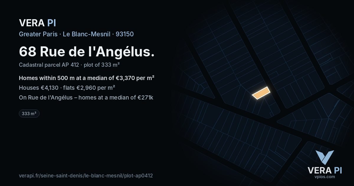 68 Rue de l'Angélus, Le Blanc-Mesnil at night – the plot lit, the parcels around coloured by the prices near them